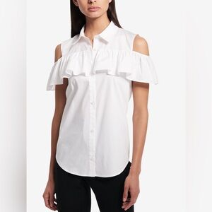 Calvin Klein Women’s Ruffled Cold Shoulder White Blouse Size Large